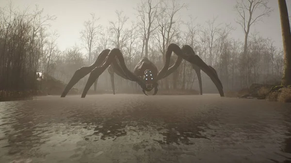 A creepy spider monster stands in the middle of a lake in a misty, deserted forest. Mystical nightmare concept. 3D Rendering.