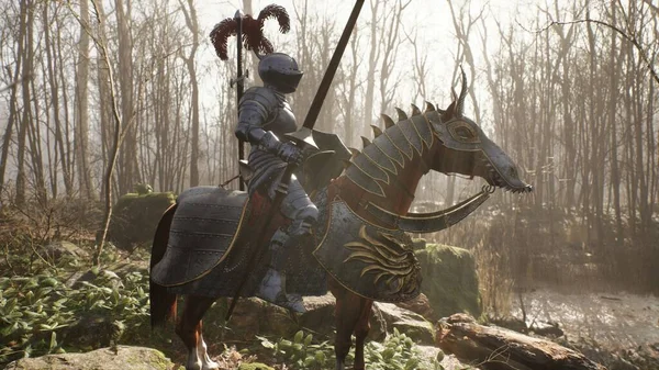 A brave medieval knight on his frisky horse prepares for battle. View of the fighting knight and his horse rearing up. The image is for historical, medieval or military backgrounds. 3D Rendering.