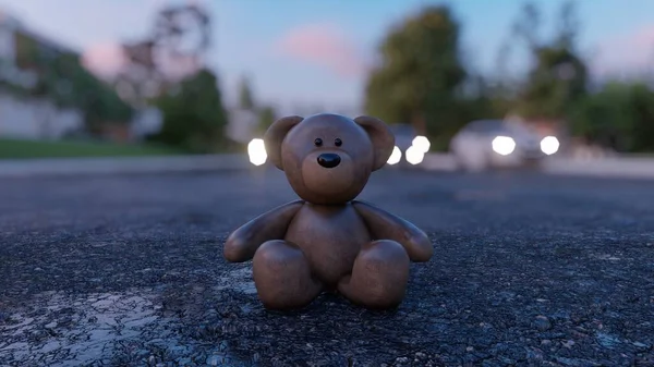 The lost teddy bear lies on a wet highway, and cars rush past at high speed. Lost favorite toy concept. View of the missing wet teddy bear. 3D Rendering.