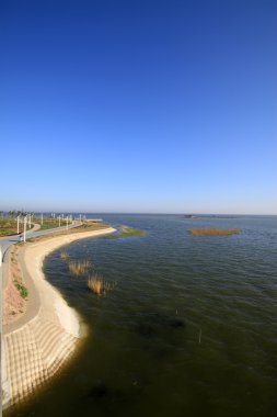 Göl manzara mavi gökyüzünün altında 