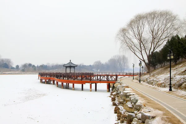 Ponte di legno in stile tradizionale cinese sulla neve — Foto Stock