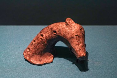 Çin Shang Hanedanı çömlek köpek kafası, Guanghan, Sichuan 'daki Sanxingdui sitesinden toplandı.