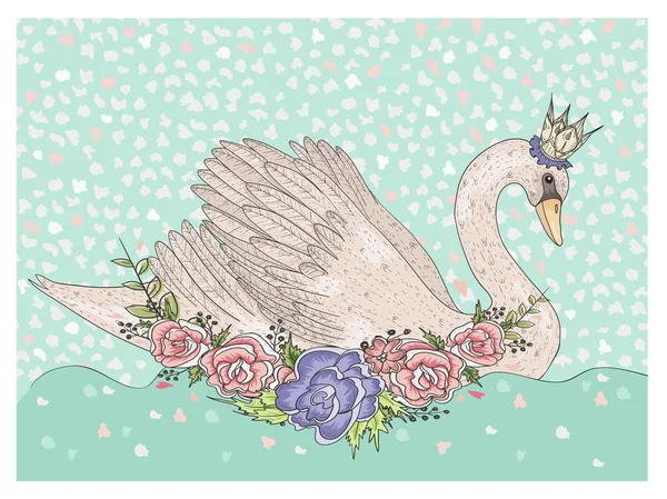 Süßer Schwan mit Krone und Blumen. Märchenhafter Hintergrund für Kinder — Stockvektor