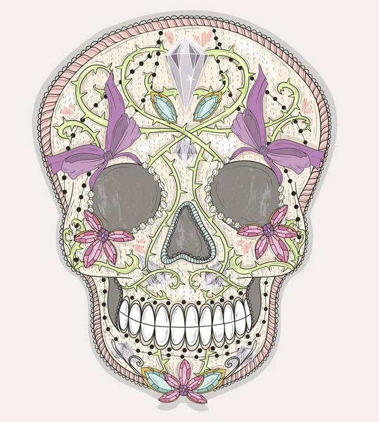 Милый мексиканский череп. Красочный череп с цветами, драгоценными камнями, сердцами — стоковый вектор