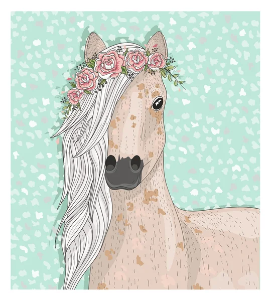 Cavallo carino con i fiori. Sfondo fiabesco per bambini — Vettoriale Stock