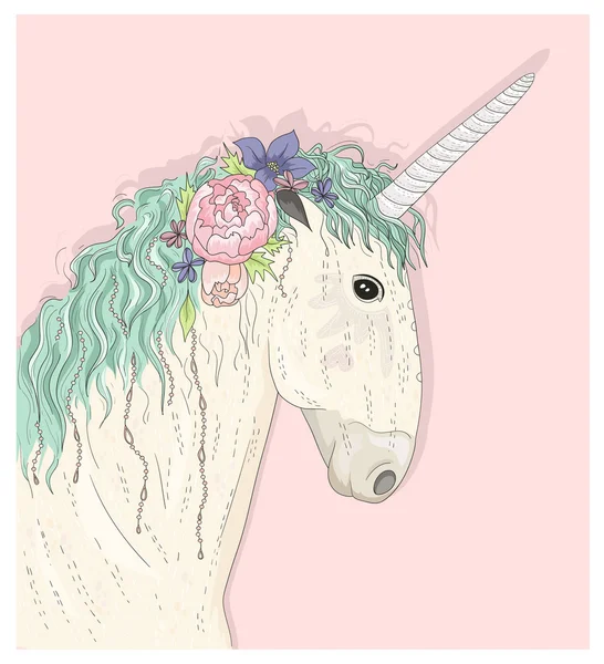 Unicorno carino con fiori. Illustrazione vettoriale da favola — Vettoriale Stock