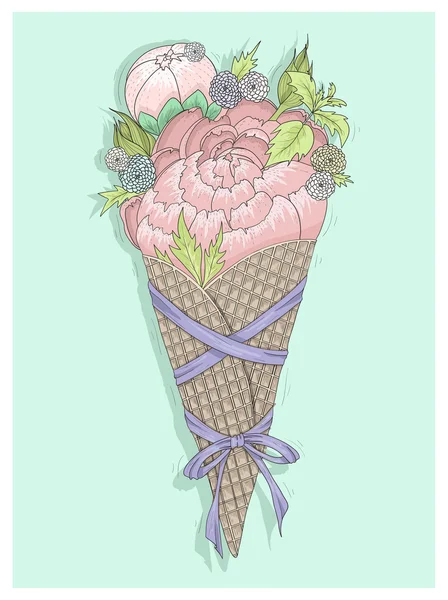 Ramo de flores en cono de helado con cinta. Vector floral — Vector de stock