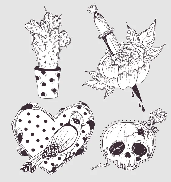 Leuke tattoo set. Cactus, bloem, schedel en vogel met hart. — Stockvector