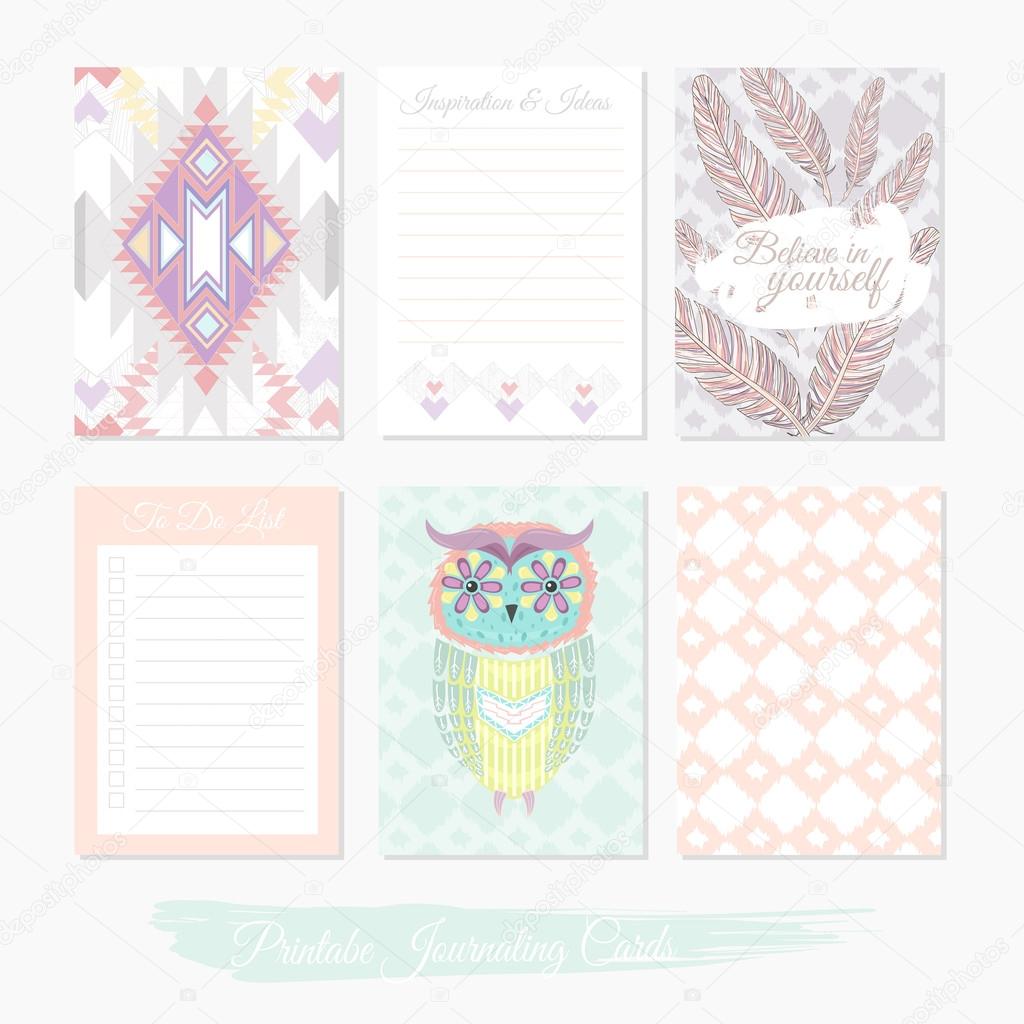 Printable cute set of filler cards with aztec pattern, owl