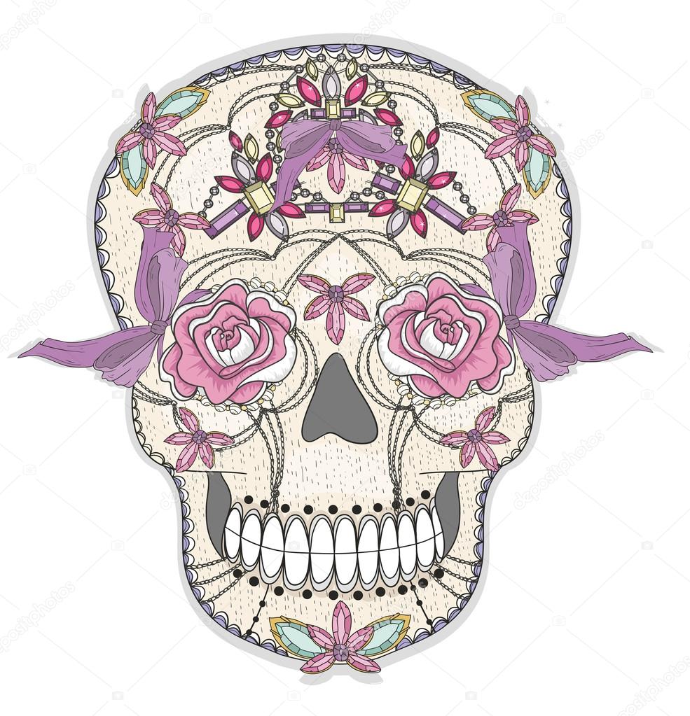 Cute mexican skull. Colorful skull with flower, gem, hearts