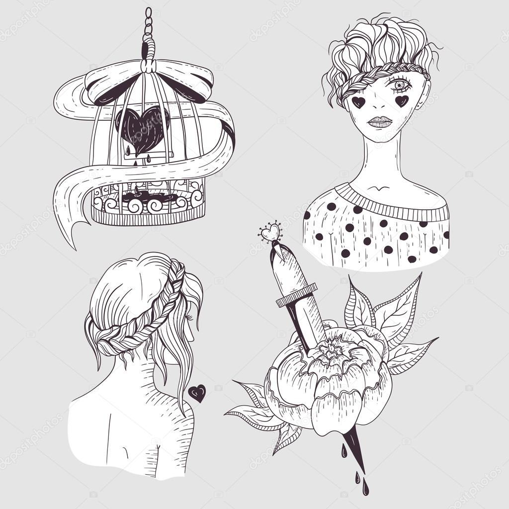 Cute tattoo set. Young girls, flower and bird cage with heart.