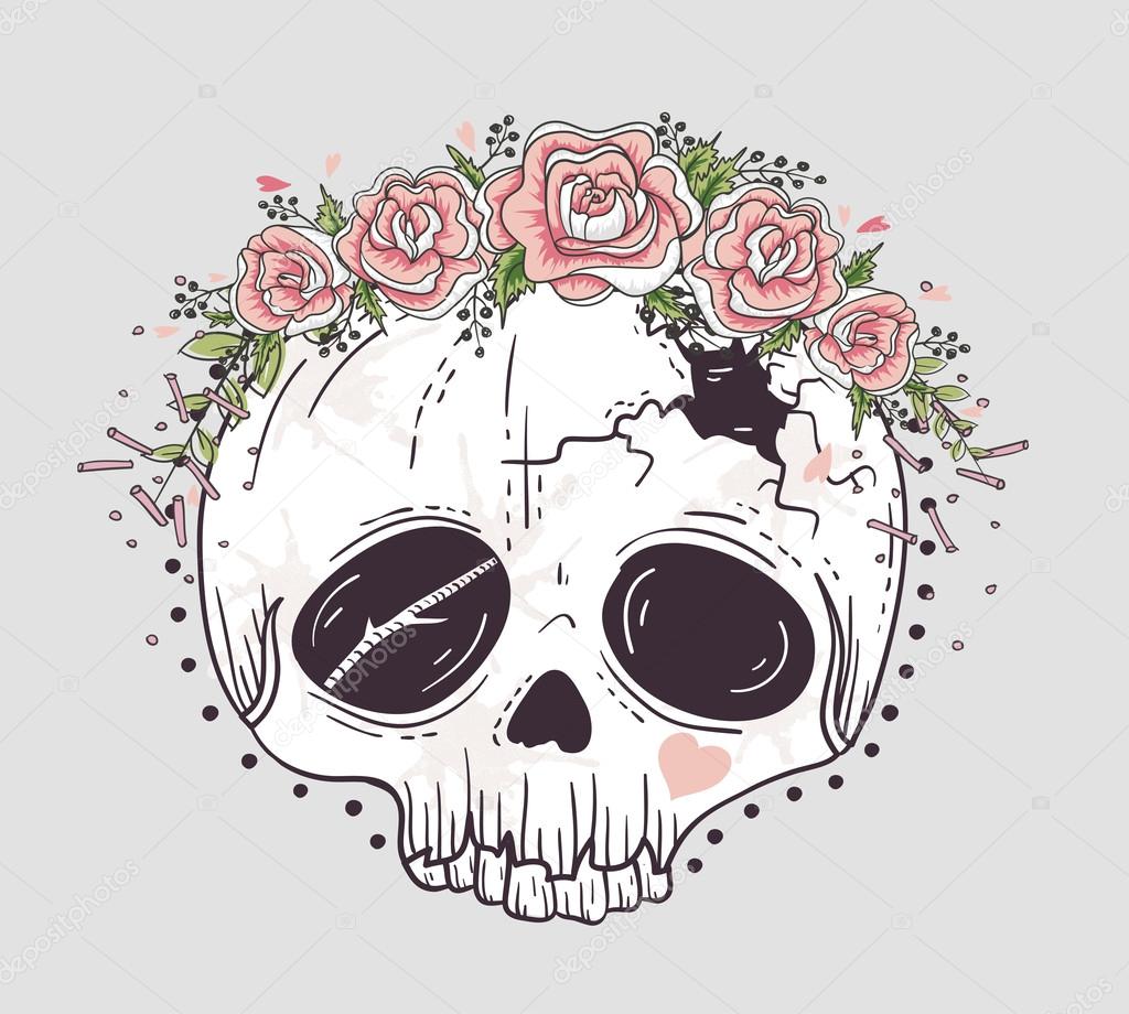 Cute tattoo style skull. Skull with flower crown. Sugar skull.