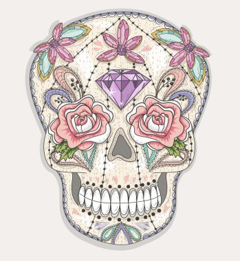 Sevimli Meksika kafatası. Çiçek, mücevher, kalpleri ile renkli kafatası