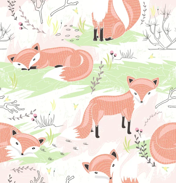 与小狐狸的无缝模式。可爱的春天背景 — 图库矢量图片