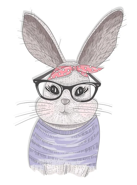 Mignon lapin hipster avec des lunettes. Illustration lapin mode — Image vectorielle