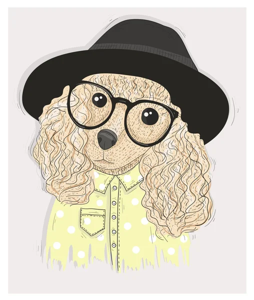 Mignon chien hipster avec des lunettes. Illustration de mode avec caniche — Image vectorielle