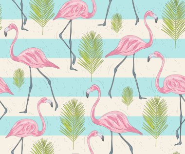 Flamingolar ve palm ile şirin seamless modeli. Vektör arka plan