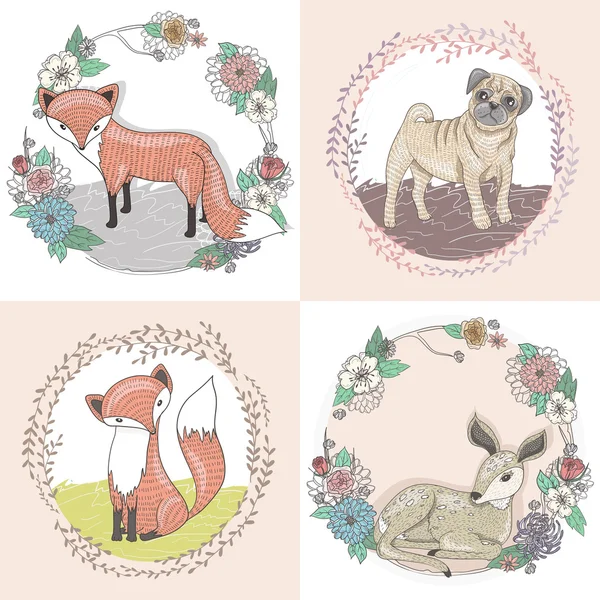 Cute little fox, deer and pug illustration set in floral frames. — Stock Vector