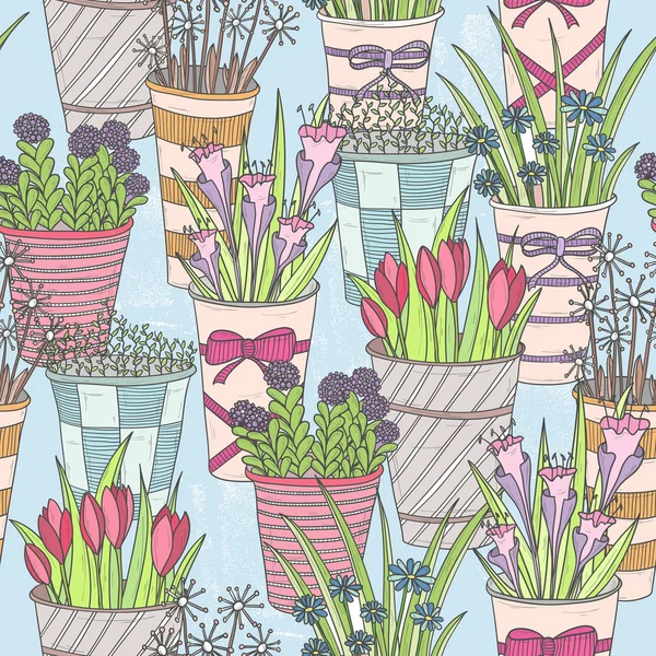Χαριτωμένο άνευ ραφής λουλουδάτο μοτίβο. μοτίβο με λουλούδια σε κουβάδες. — Διανυσματικό Αρχείο
