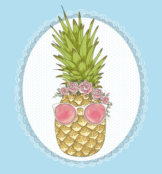 Carino ananas hipster con occhiali da sole e corona di fiori . — Vettoriale Stock