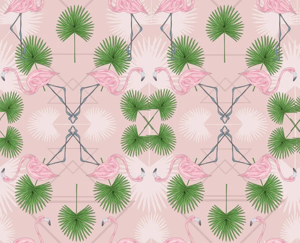 Cute hipster seamless pattern with flamingos and palm. Vector Graphics