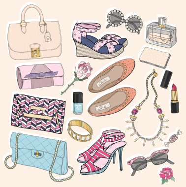 Fashion accessories set. Background with bags, sunglasses, shoes clipart