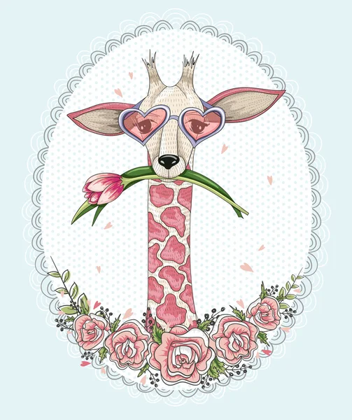 Carino hipster giraffa sfondo con cornice floreale . — Vettoriale Stock