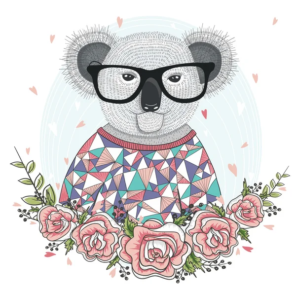 Cute hipster koala with glasses and flower frame. — Stock Vector