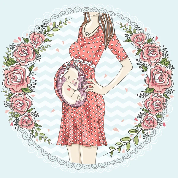 Femme enceinte avec cadre mignon bébé et fleur . — Image vectorielle