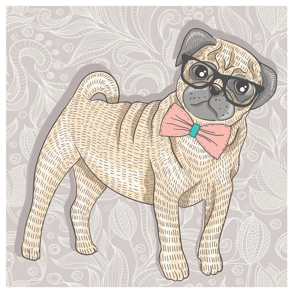 Hipster pug with glasses and bowtie. Cute puppy illustration for — Stock Vector