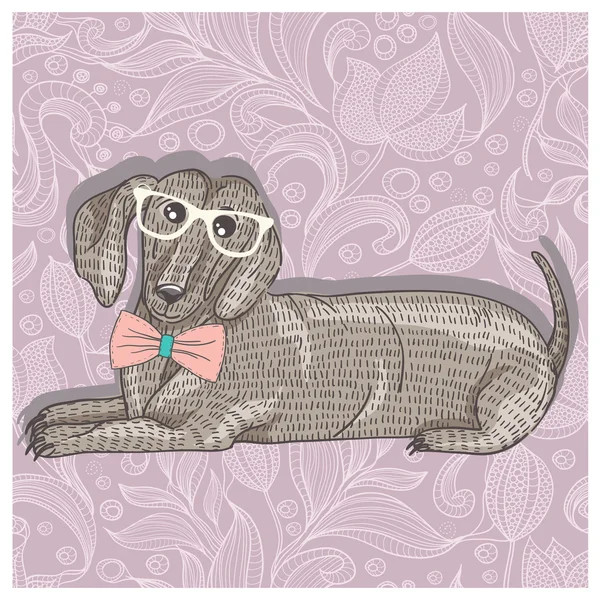 Hipster dachshund com óculos e gravata. Bonito cachorrinho ilustração para crianças e crianças. Fundo do cão . —  Vetores de Stock