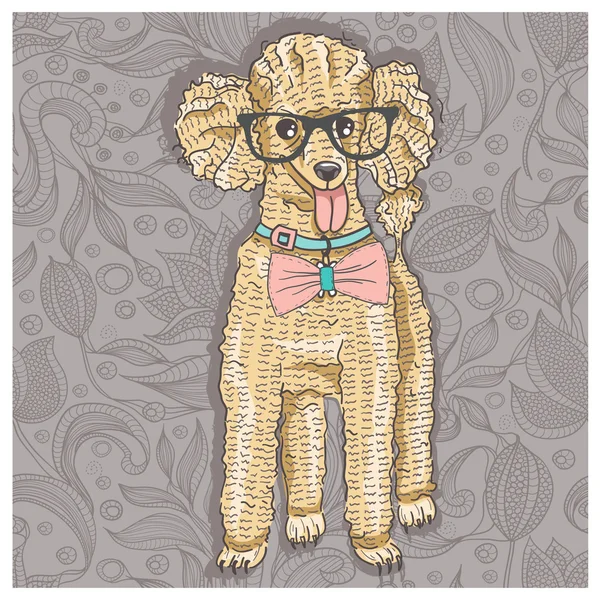 Caniche Hipster con gafas y corbata. Linda ilustración de cachorro para niños y niños. Fondo de perro . — Vector de stock