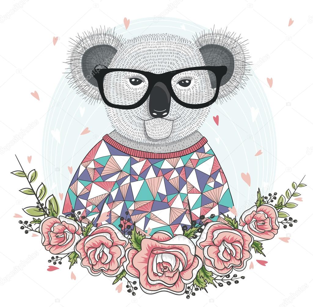 Cute hipster koala with glasses and flower frame.