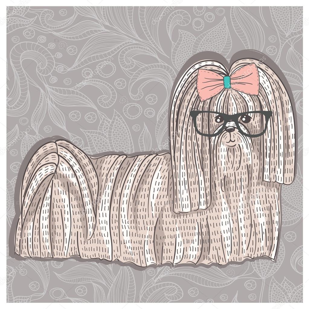Hipster shih tzu with glasses and bowtie. Cute puppy illustratio