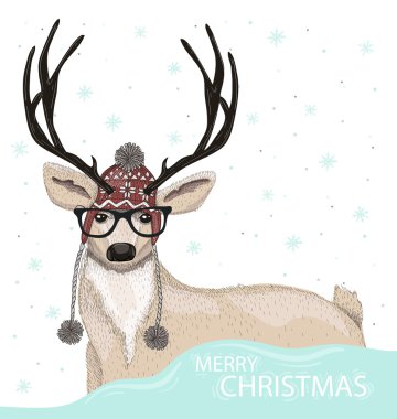 Şirin hipster geyik şapka ve gözlük kış arka plan ile. İsa