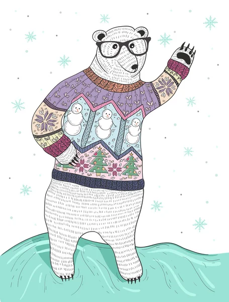 Cute hipster polar bear with glasses and christmas sweater — Stock Vector