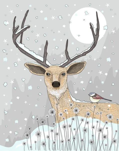 Cute reindeer and bird christmas night background. — Stock Vector