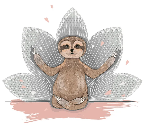 Cute sloth meditation. Yoga lotus asana. — Stock Vector
