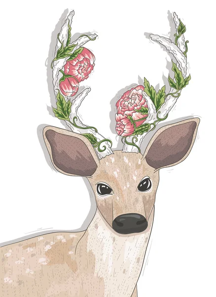 Cute hipster deer with flowers on his horns. — Stock Vector