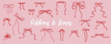 Bir çift şirin kurdele yayı. Pembe arka planda elle çizilmiş sanat öğeleri.