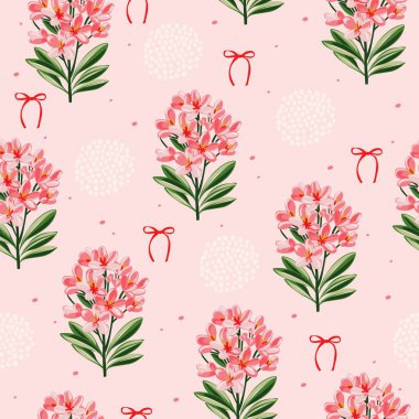 Cute Pink Hydrangea-Inspired Flower Seamless Vector Pattern with Ribbons and Bows  Modern Hand-Drawn Pastel Design for Fabric, Wrapping Paper, and Stationery
