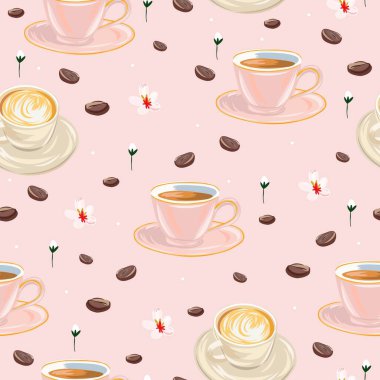 Cute Coffee Cup Seamless Vector Pattern with Latte, Black Coffee, Beans, and Flowers  Modern Hand-Drawn Pastel Pink Design for Fabric, Wrapping Paper, and Kitchen Deco