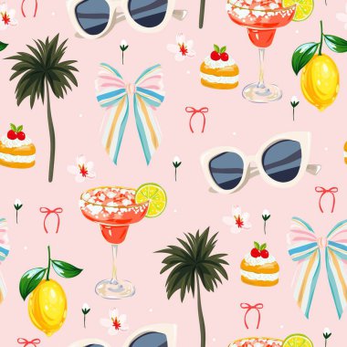Cute Summer Seamless Vector Pattern with Sunglasses, Margaritas, Palm Trees, Lemons, Desserts, and Flowers  Modern Hand-Drawn Pastel Pink Design for Fabric, Wrapping Paper, and Party Decor