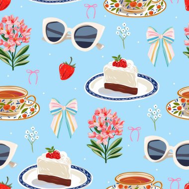 Şirin Yaz Kahvaltısı Kusursuz Şekerlemeli Çay, Kek, Çilek, Güneş gözlüğü, Çiçekler ve Fiyonklu Şekilli. Modern İtalyan Dolce Vita Kumaş, Ambalaj Kağıdı ve Kırtasiye Tasarımı