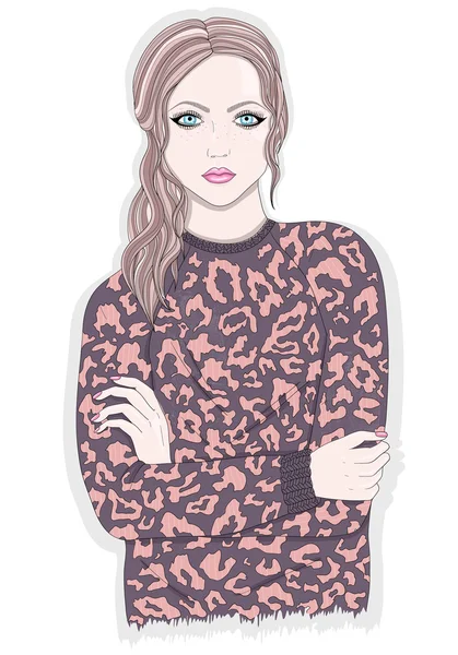 Chica joven con jersey de estampado animal. Ilustración moda — Archivo Imágenes Vectoriales