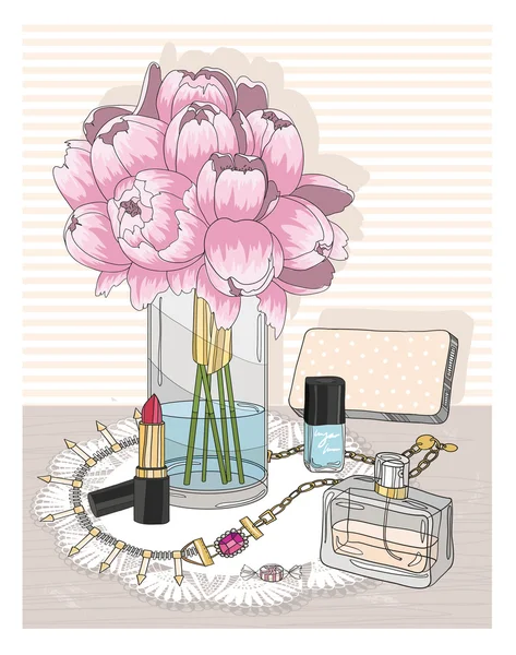 Mode essentials. Achtergrond met sieraden, parfum, make-up — Stockvector