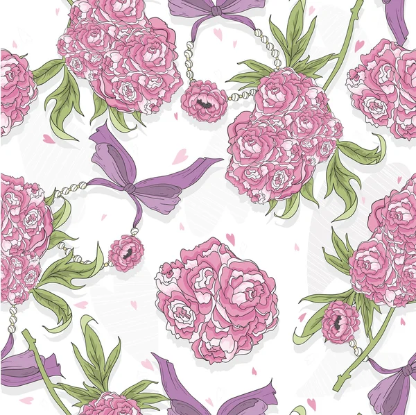Motif sans couture avec des fleurs roses, des cœurs et des bijoux. Floral b — Image vectorielle