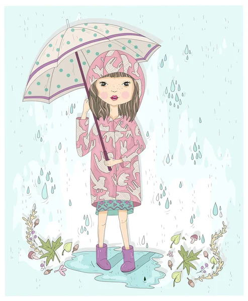 Cute little girl holding umbrella. Autumn background with rain, — Stock Vector