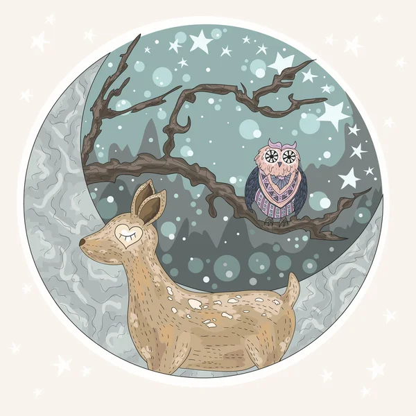 かわいい鹿山、木、フクロウ、月を背景に夢を見て、 — ストックベクタ