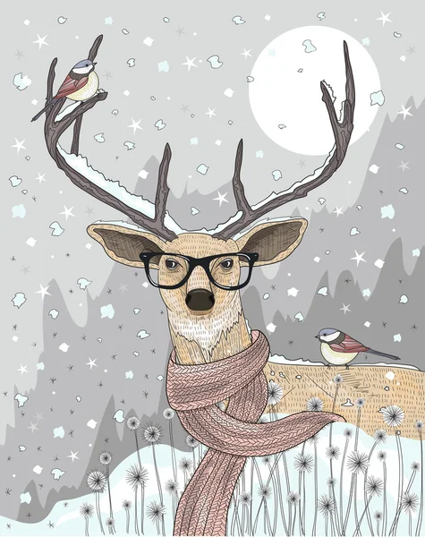 Cute hipster  deer with scarf and glasses. Winter night christma — Stock Vector